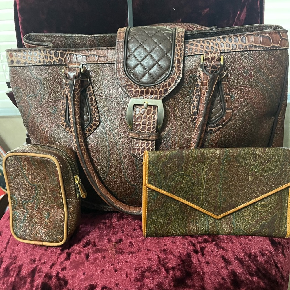 Etro Brown and Green Totes with Vintage Charm. Just the bag no wallets
